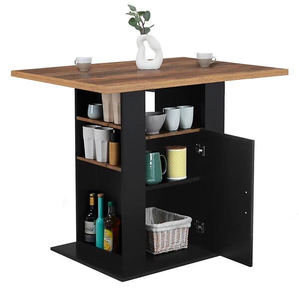 ID MARKET - Ilot central UGO 110 cm bois noir et effet bois foncé HAWKINS avec rangements - large
