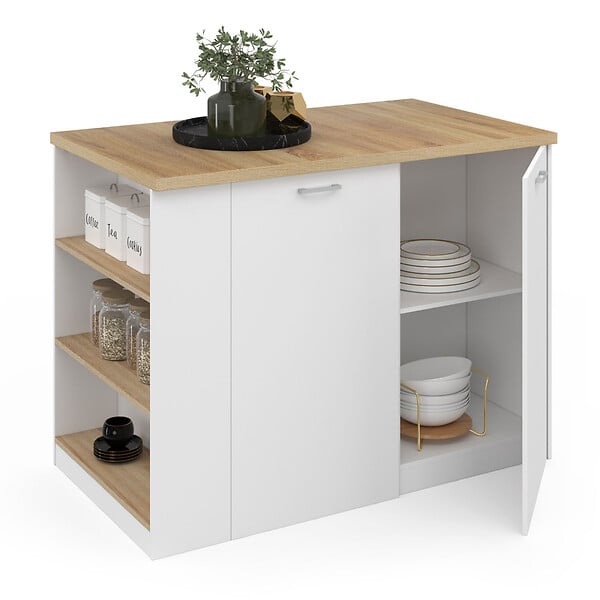 ID MARKET - Ilot central TIBO 120 cm bois blanc avec plan de travail façon hêtre - large