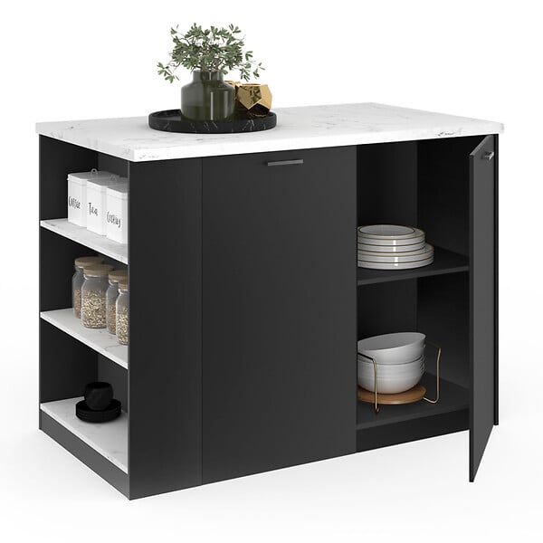 ID MARKET - Ilot central TIBO 120 cm bois noir avec plan de travail effet marbre ALASKA - large