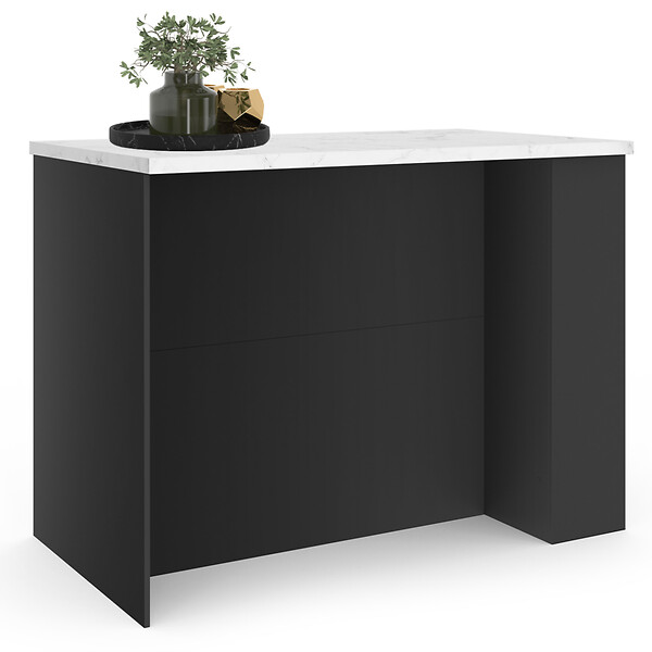 ID MARKET - Ilot central TIBO 120 cm bois noir avec plan de travail effet marbre ALASKA - large