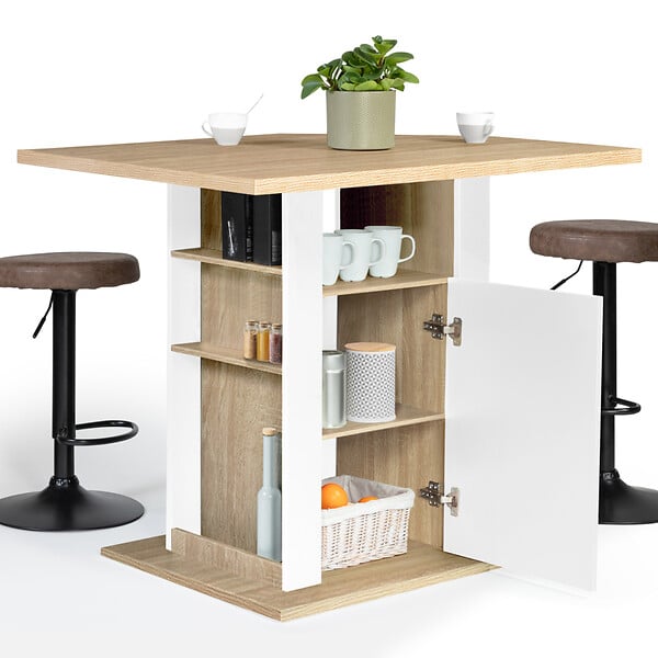 ID MARKET - Ilot central UGO 110 cm bois blanc et imitation hêtre avec rangements - large