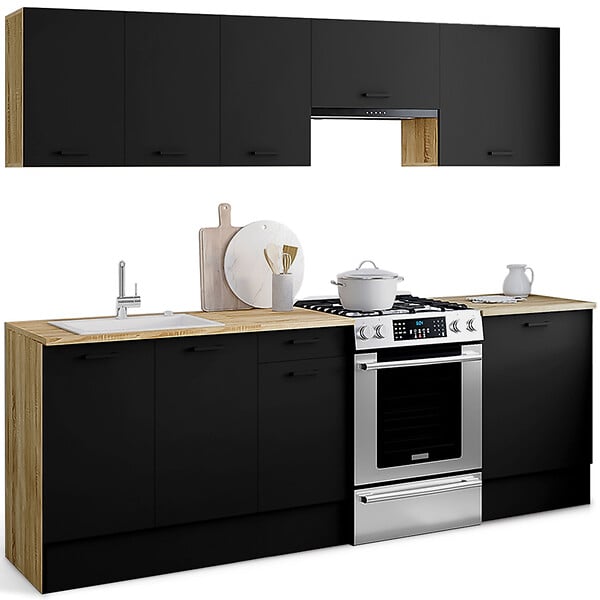 ID MARKET - Cuisine complète 240 cm SUBTIL avec plan de travail 7 éléments bois et noir - large