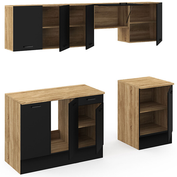ID MARKET - Cuisine complète 240 cm SUBTIL avec plan de travail 7 éléments bois et noir - large