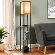 ID MARKET - Lampadaire industriel en bois noir avec étagères en bois clair et abat-jour carré blanc - vignette