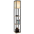 ID MARKET - Lampadaire industriel en bois noir avec étagères en bois clair et abat-jour carré blanc - vignette