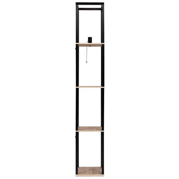 ID MARKET - Lampadaire industriel en bois noir avec étagères en bois clair et abat-jour carré blanc - large