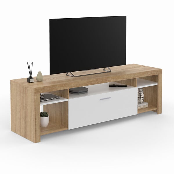 ID MARKET - Meuble TV 140 cm MALO bois et placard blanc - large