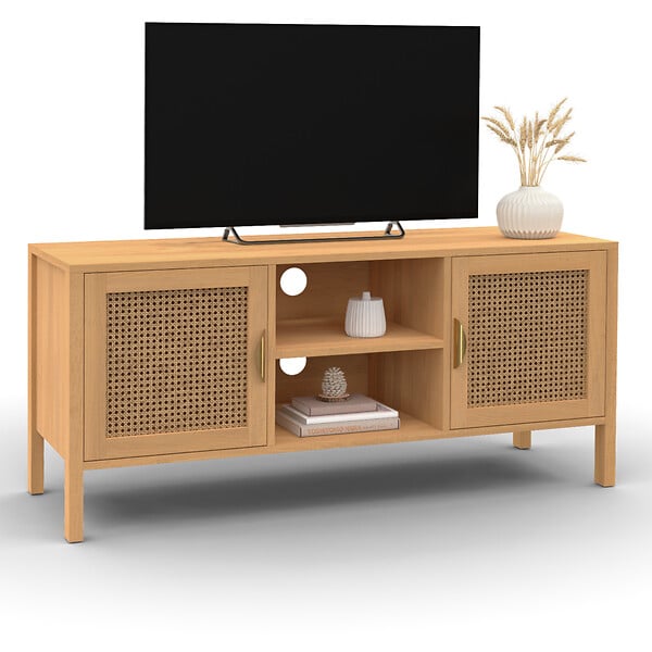ID MARKET - Meuble TV 110 cm EDHEN 2 portes bois et cannage - large