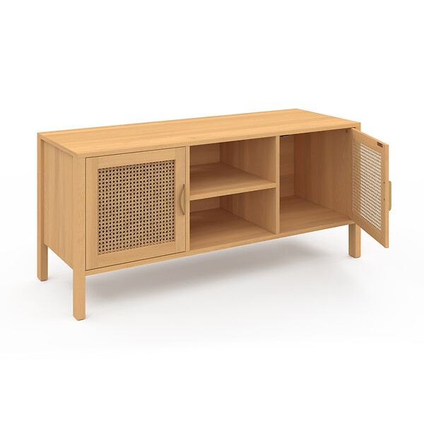 ID MARKET - Meuble TV 110 cm EDHEN 2 portes bois et cannage - large