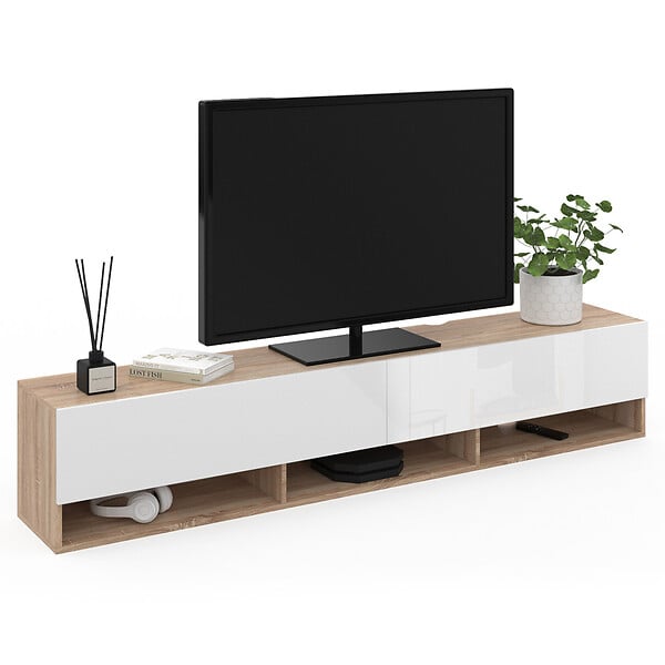 ID MARKET - Meuble TV 180 cm suspendu ELIO 2 portes avec étagère bois et blanc - large