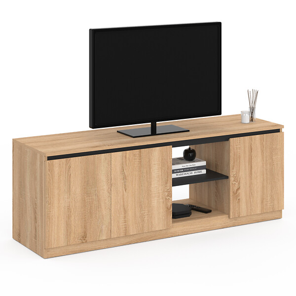 ID MARKET - Meuble TV TOMI 3 portes bois façon hêtre et noir 140 cm - large
