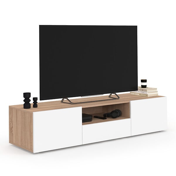 ID MARKET - Meuble TV 140 cm ELI bois façon hêtre portes blanches - large