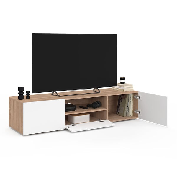 ID MARKET - Meuble TV 140 cm ELI bois façon hêtre portes blanches - large