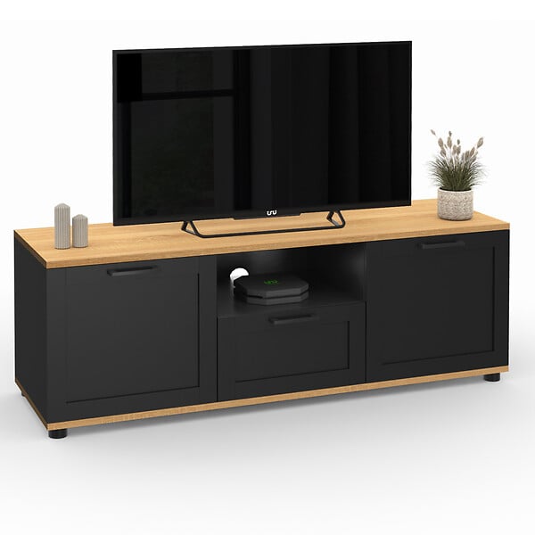 ID MARKET - Meuble TV 110 cm VITO avec tiroir et niche noir et bois - large