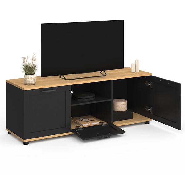 ID MARKET - Meuble TV 110 cm VITO avec tiroir et niche noir et bois - large