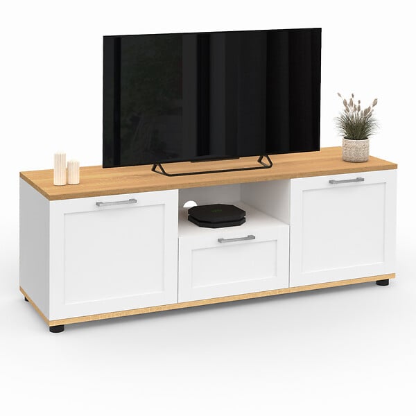 ID MARKET - Meuble TV 110 cm VITO avec tiroir et niche blanc et bois - large