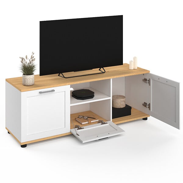 ID MARKET - Meuble TV 110 cm VITO avec tiroir et niche blanc et bois - large
