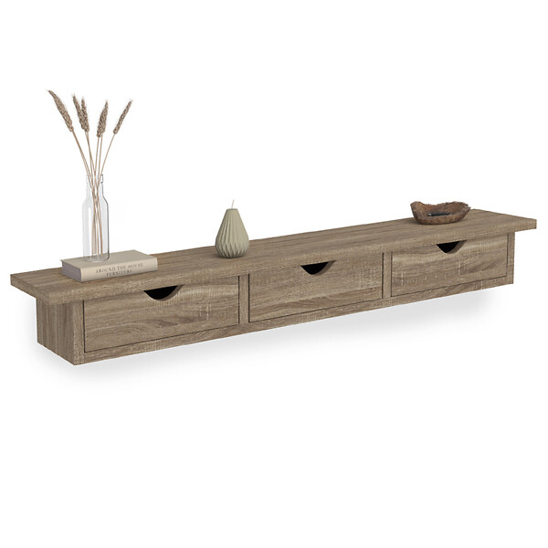 ID MARKET - Etagère murale console d'entrée LISE 3 tiroirs façon hêtre - large