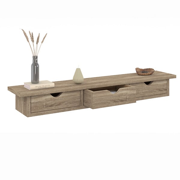 ID MARKET - Etagère murale console d'entrée LISE 3 tiroirs façon hêtre - large