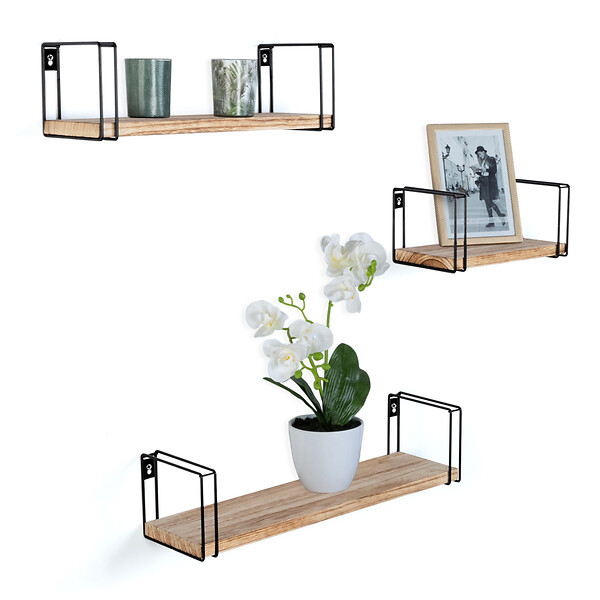 ID MARKET - Lot de 3 étagères murales LILY bois et métal design industriel - large