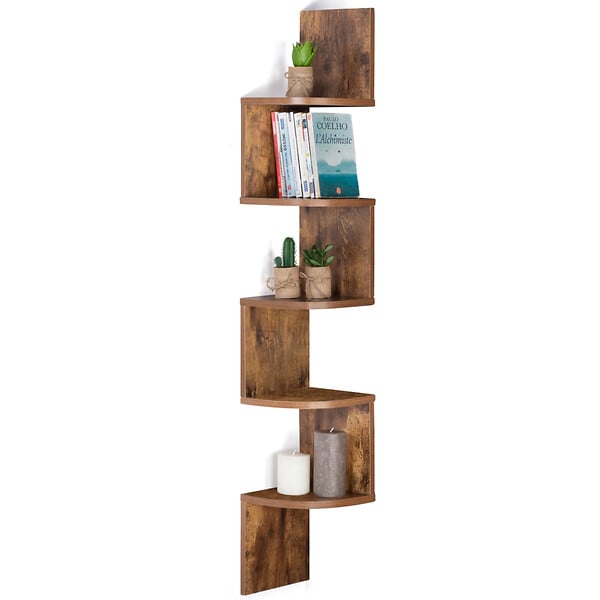 ID MARKET - Etagère murale d'angle ISA 5 niveaux façon bois vieilli - large
