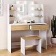 ID MARKET - Coiffeuse ZELIA blanc et hêtre table de maquillage 4 étagères, miroir LED et tabouret - vignette