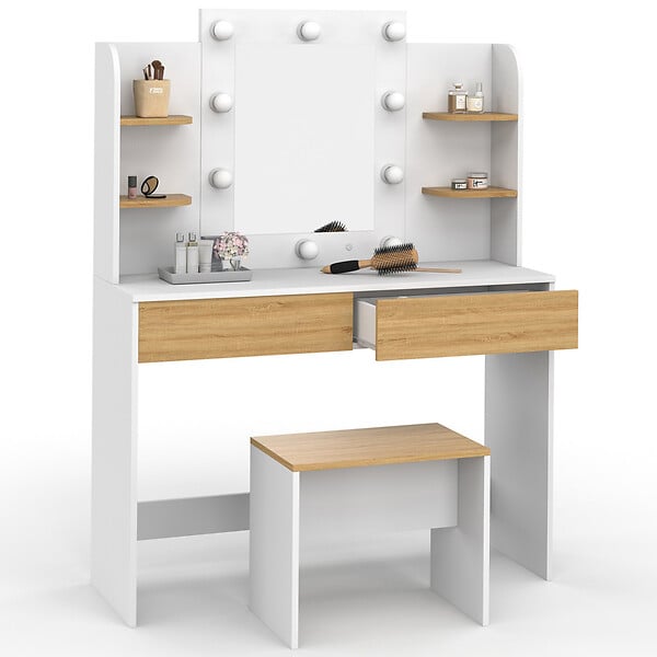 ID MARKET - Coiffeuse ZELIA blanc et hêtre table de maquillage 4 étagères, miroir LED et tabouret - large