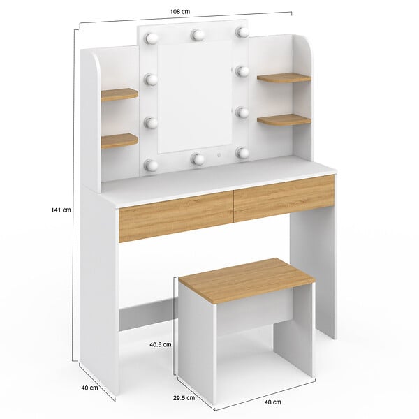 ID MARKET - Coiffeuse ZELIA blanc et hêtre table de maquillage 4 étagères, miroir LED et tabouret - large