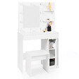 ID MARKET - Coiffeuse ZELIA miroir LED avec 1 tiroir, étagères, caisson de rangement et tabouret - vignette