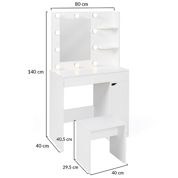 ID MARKET - Coiffeuse ZELIA miroir LED avec 1 tiroir, étagères, caisson de rangement et tabouret - large