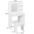 ID MARKET - Coiffeuse ZELIA miroir LED avec 1 tiroir, étagères, caisson de rangement et tabouret - vignette