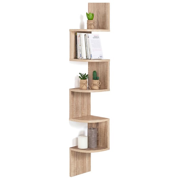 ID MARKET - Etagère murale d'angle ISA 5 niveaux façon hêtre - large