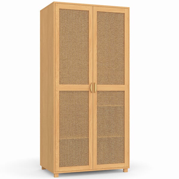 ID MARKET - Armoire 2 portes EDHEN bois et cannage penderie 80 cm avec étagères rangement - large