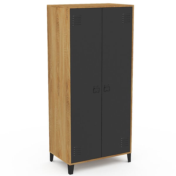 ID MARKET - Armoire vestiaire penderie ESTER 2 portes métal noir et contour bois design industriel - large