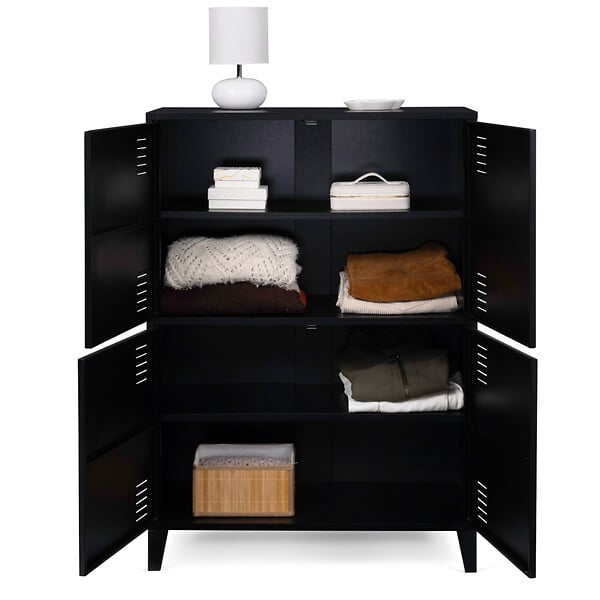 ID MARKET - Armoire basse ESTER 4 portes métal noir design industriel - large