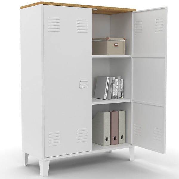 ID MARKET - Armoire basse ESTER 2 portes métal blanc et plateau bois design industriel - large