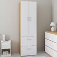 ID MARKET - Armoire 2 portes JULIANA blanc et bois penderie 50 cm avec 2 tiroirs - vignette