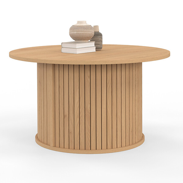 ID MARKET - Table basse ronde JULIETTE 70 cm lattes tasseau bois coloris chêne - large