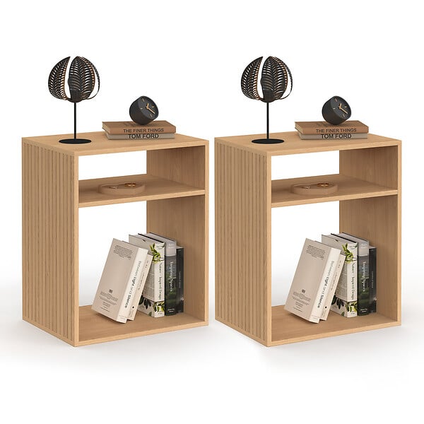 ID MARKET - Lot de 2 tables de chevet NORA avec rangements ouverts effet lattes et bois - large