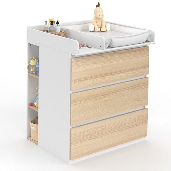 ID MARKET - Commode à langer évolutive AMBRE façon hêtre et blanc 3 tiroirs table à langer et 2 étagères amovibles - large