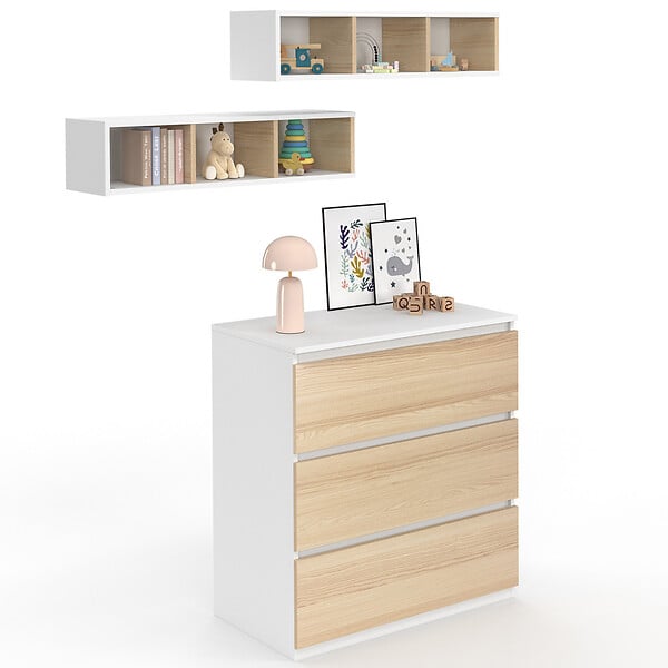 ID MARKET - Commode à langer évolutive AMBRE façon hêtre et blanc 3 tiroirs table à langer et 2 étagères amovibles - large
