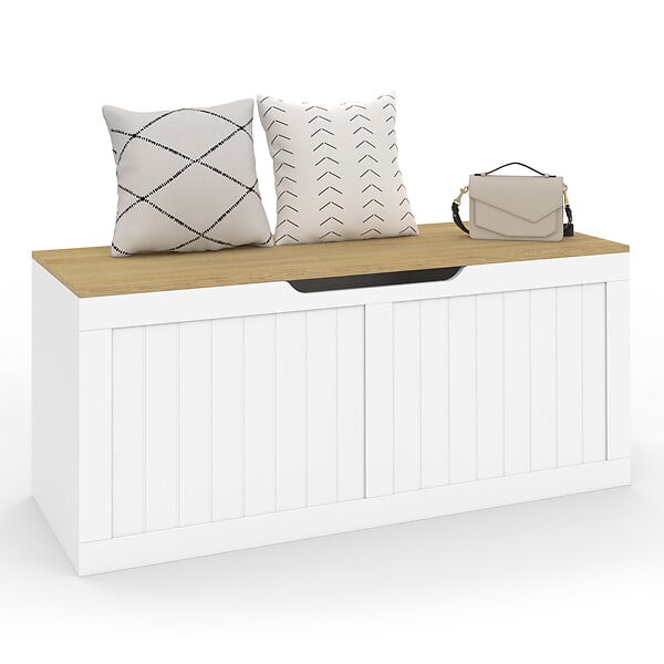 ID MARKET - Banc coffre rangement 100 cm LEON bois et blanc - large