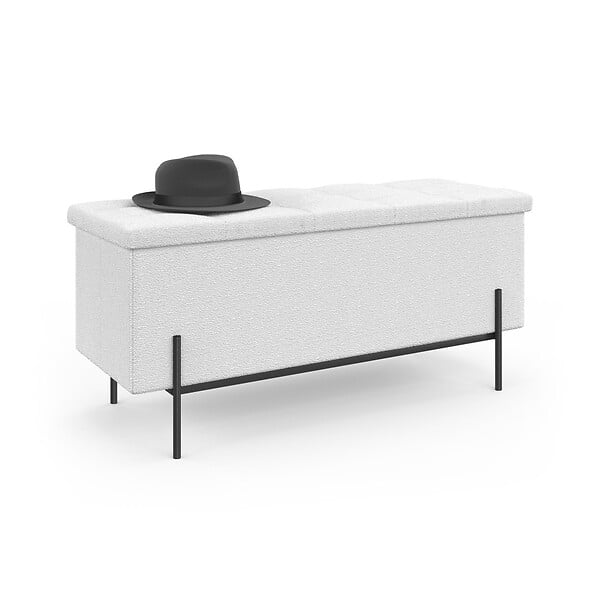 ID MARKET - Banc coffre rangement LOUIS pieds métal noir 100 cm tissu bouclette blanc - large