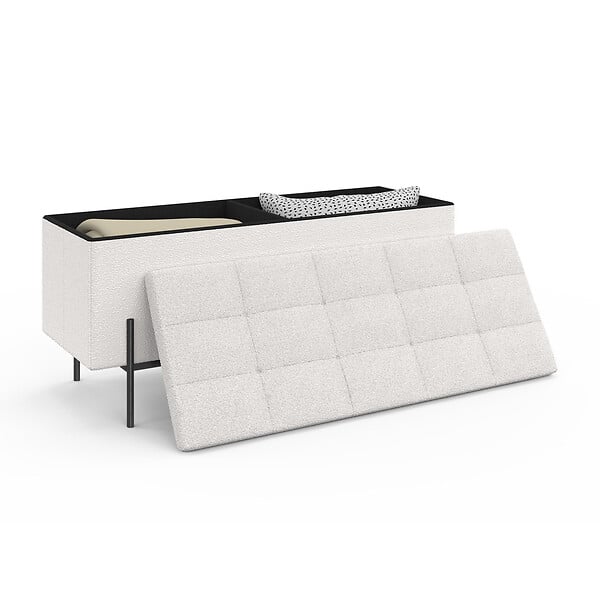 ID MARKET - Banc coffre rangement LOUIS pieds métal noir 100 cm tissu bouclette blanc - large