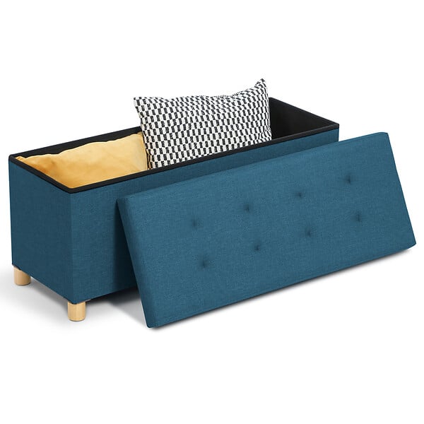 ID MARKET - Banc coffre rangement sur pied 100 cm tissu bleu canard - large