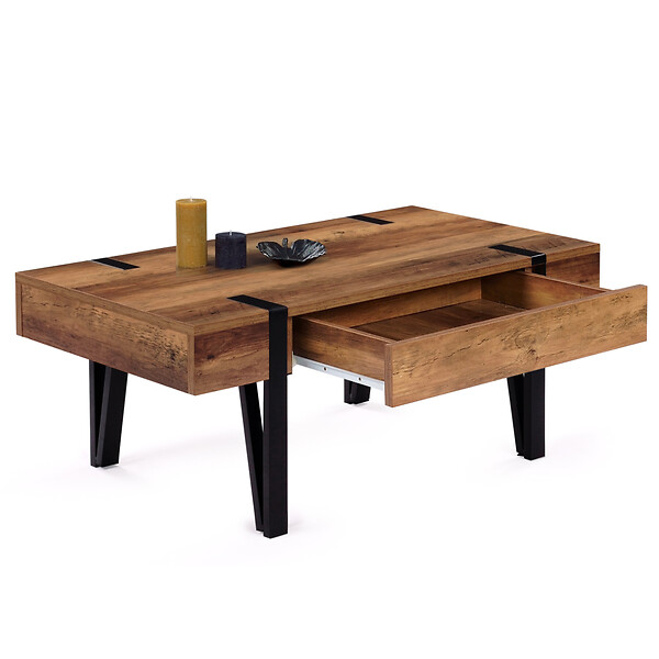 ID MARKET - Table basse rectangulaire 1 tiroir AUSTRIA 100 cm bois pied épingle noir - large