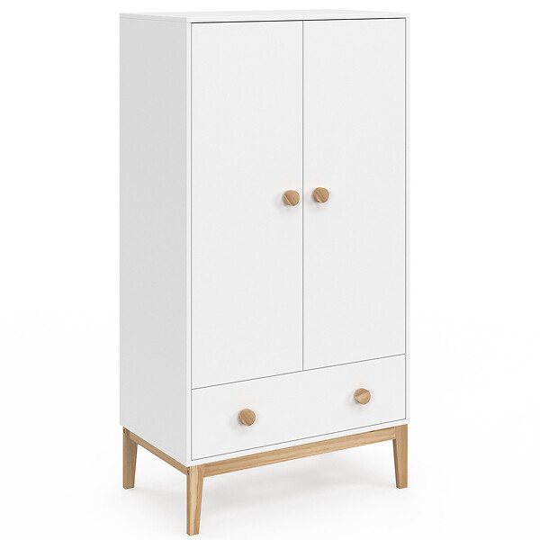 ID MARKET - Armoire enfant 2 portes JACOB avec tiroir blanc et bois - large