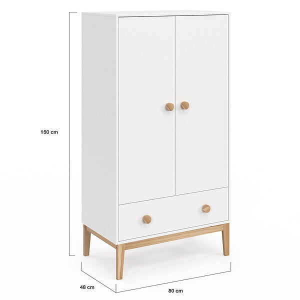 ID MARKET - Armoire enfant 2 portes JACOB avec tiroir blanc et bois - large