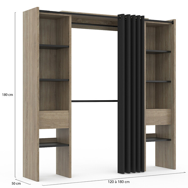 ID MARKET - Dressing extensible double MERYL 120/180 x 50 x 180 cm hêtre avec étagères hêtre + double penderie + rideau noir - large