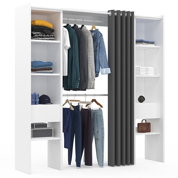 ID MARKET - Dressing extensible double MERYL 120/180 x 50 x 180 cm blanc avec étagères + double penderie + rideau gris - large